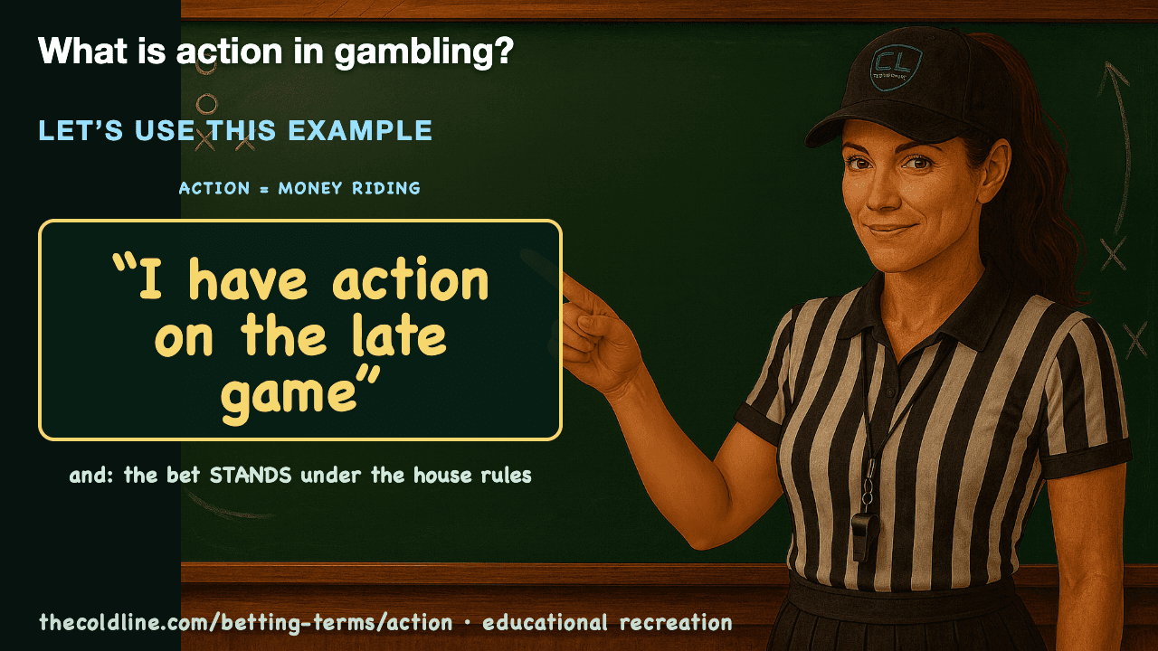 Chalkboard lesson explaining Action with a worked Action example.