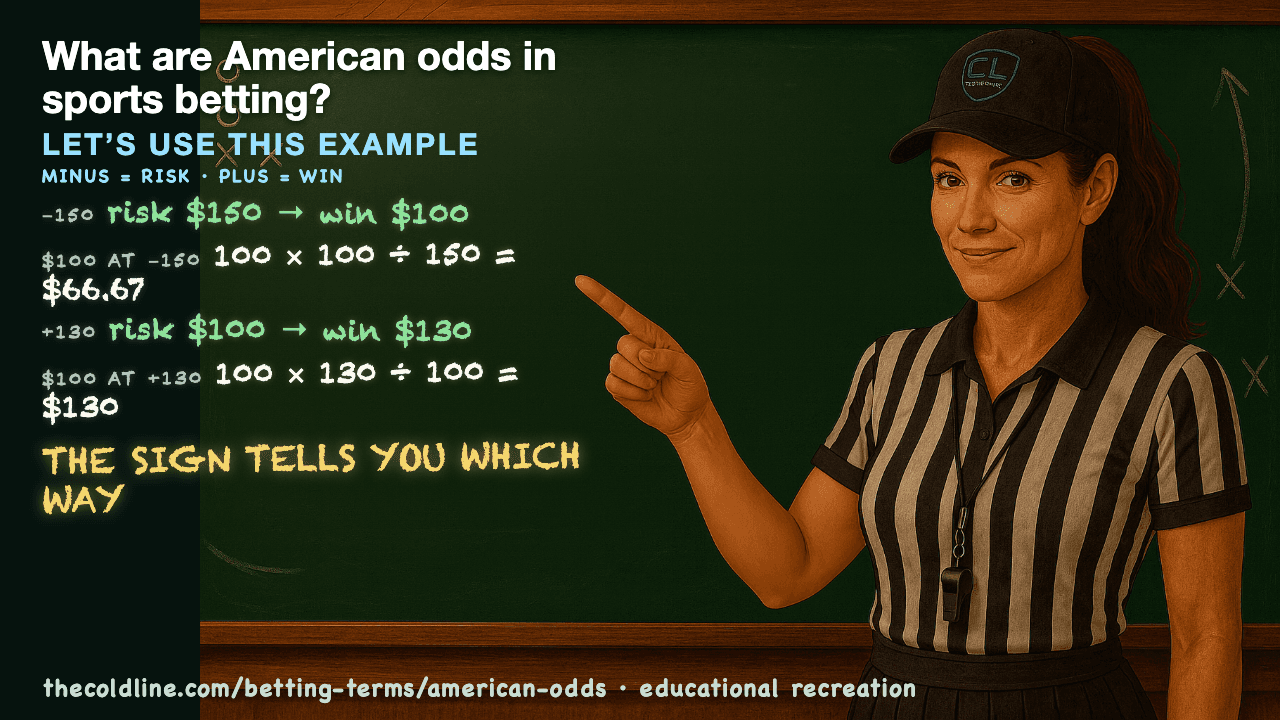 Chalkboard lesson explaining American Odds with a worked American Odds example.
