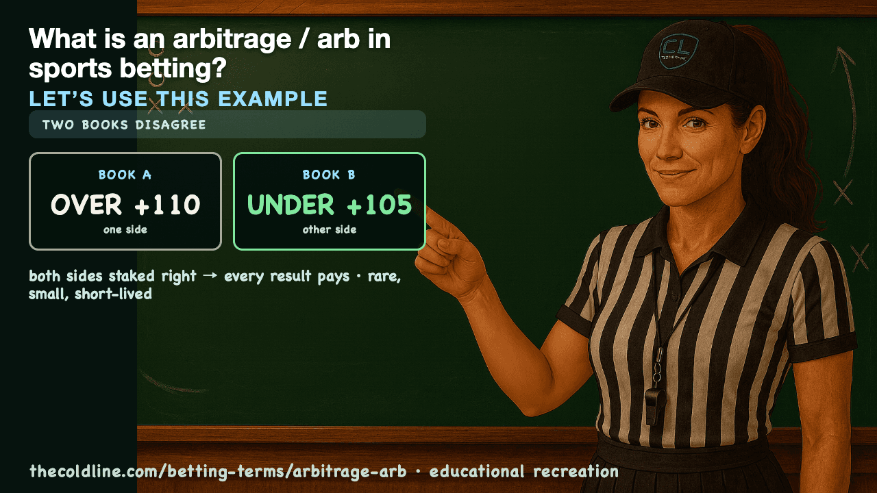 Chalkboard lesson explaining Arbitrage / Arb with a worked Arbitrage / Arb example.