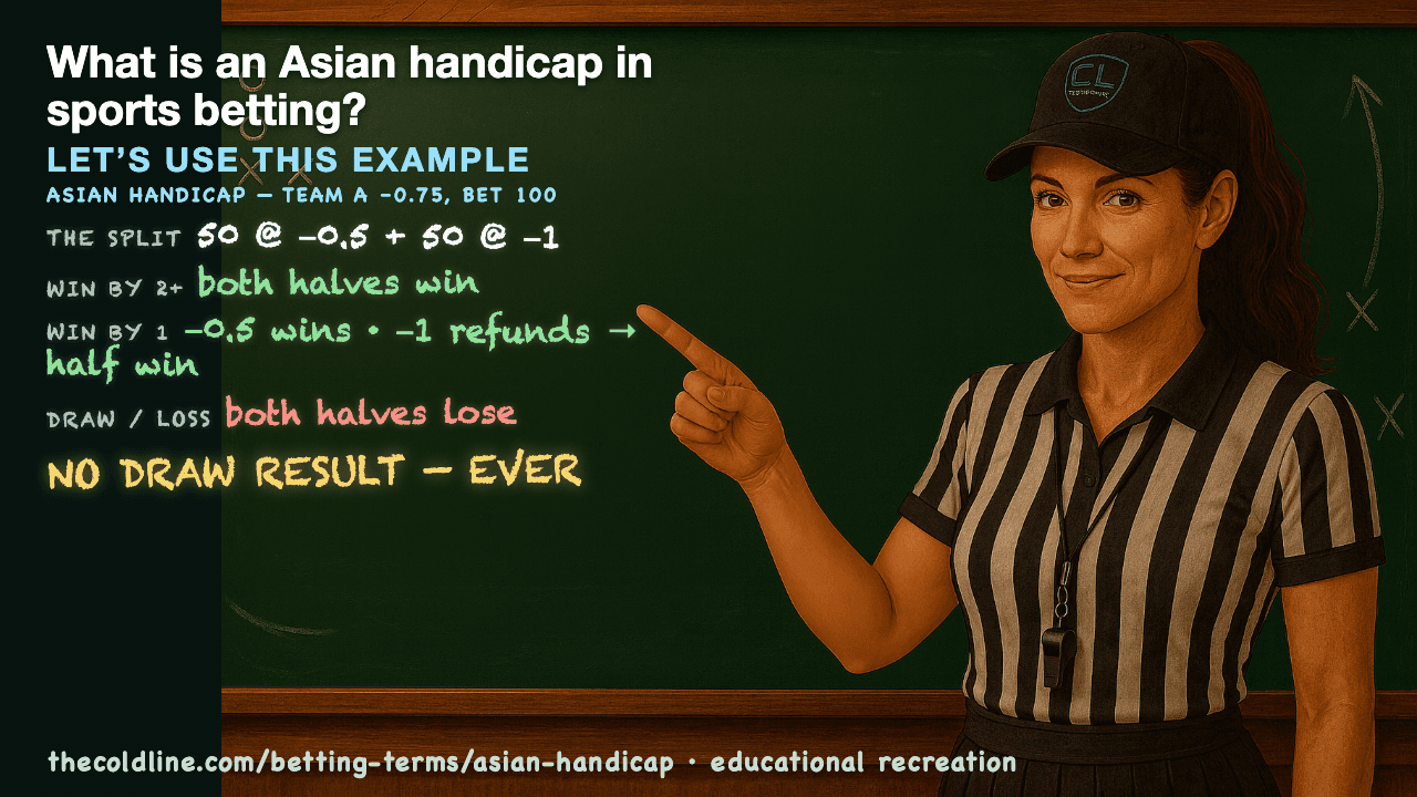Chalkboard lesson explaining Asian Handicap with a worked Asian Handicap example.