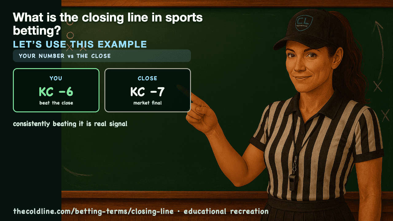 Chalkboard lesson explaining Closing Line with a worked Closing Line example.