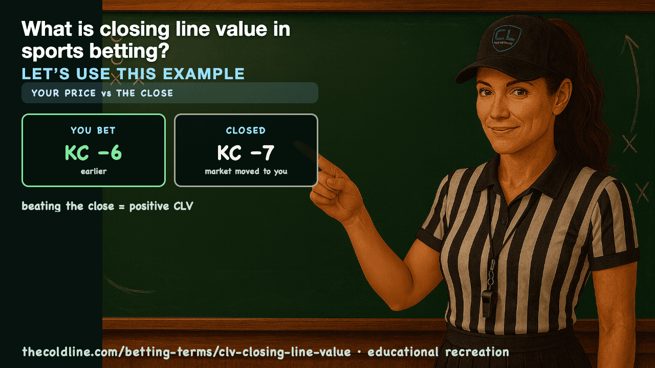 Chalkboard lesson explaining CLV (Closing Line Value) with a worked CLV (Closing Line Value) example.