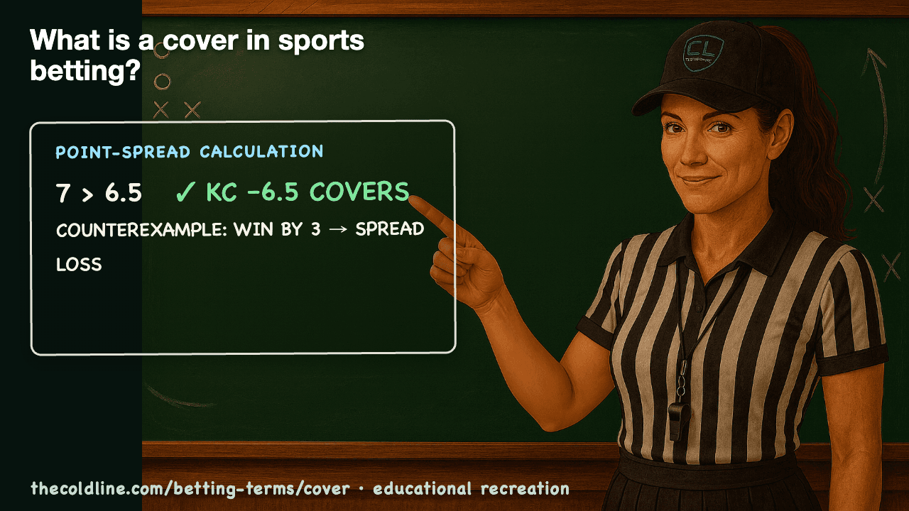 Chalkboard lesson explaining Cover with a worked Cover example.