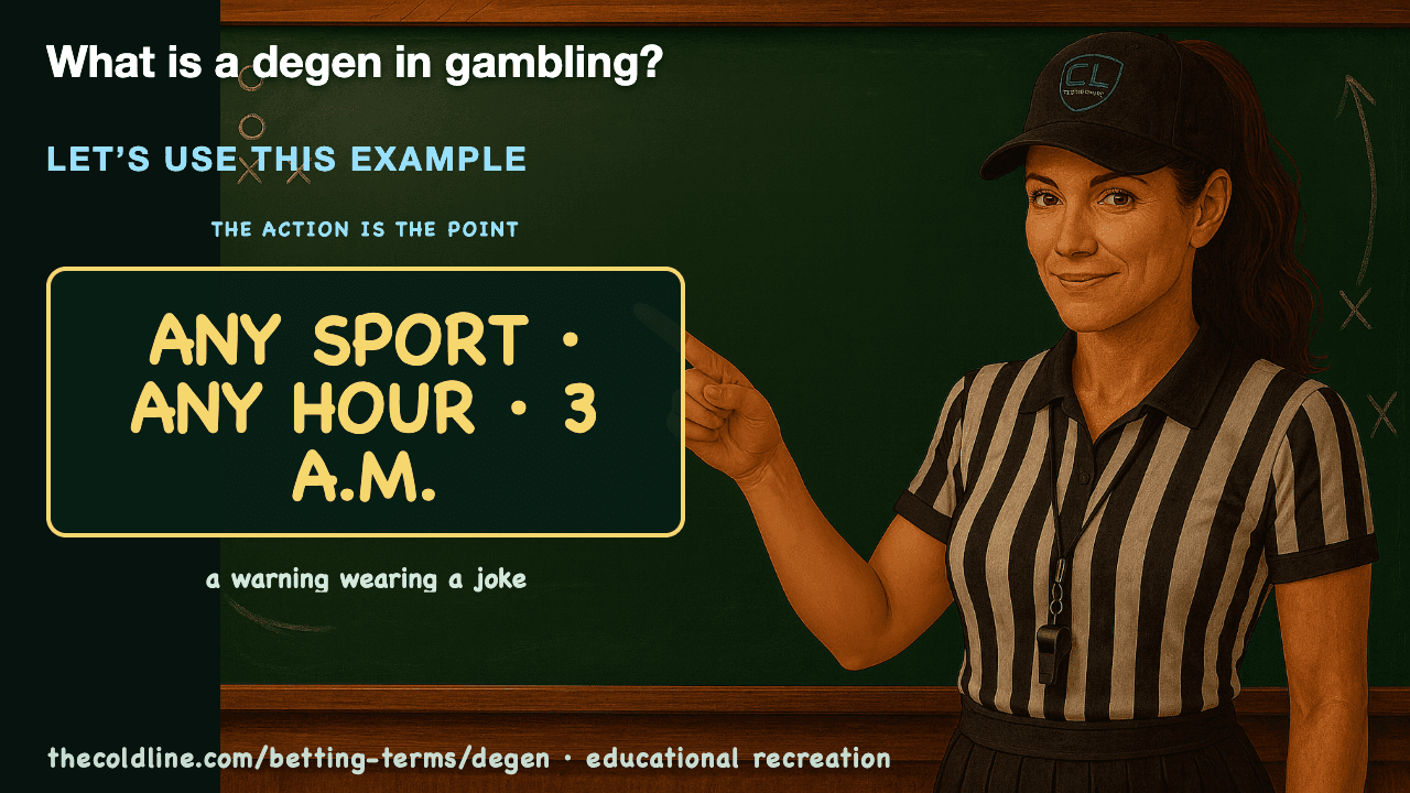 Chalkboard lesson explaining Degen with a worked Degen example.