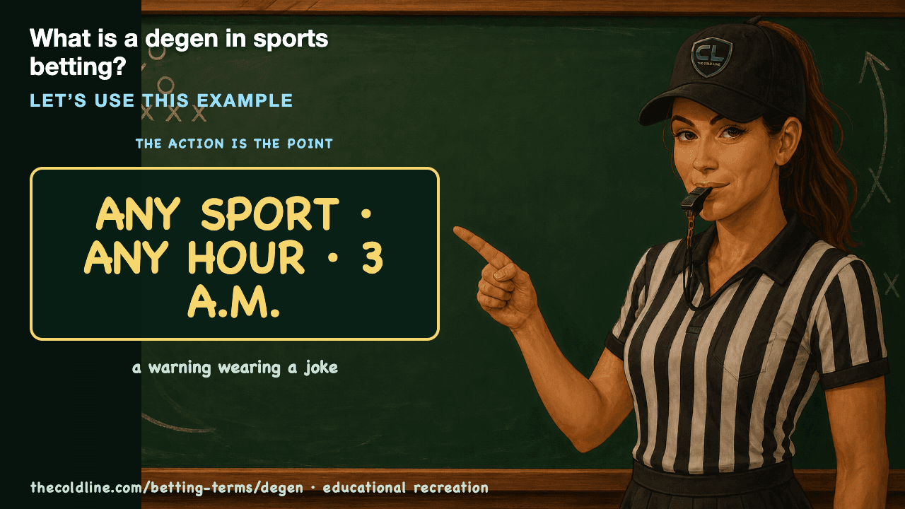 Chalkboard lesson explaining Degen with a worked Degen example.