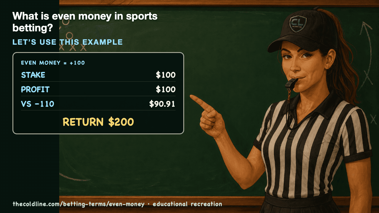 Chalkboard lesson explaining Even Money with a worked Even Money example.