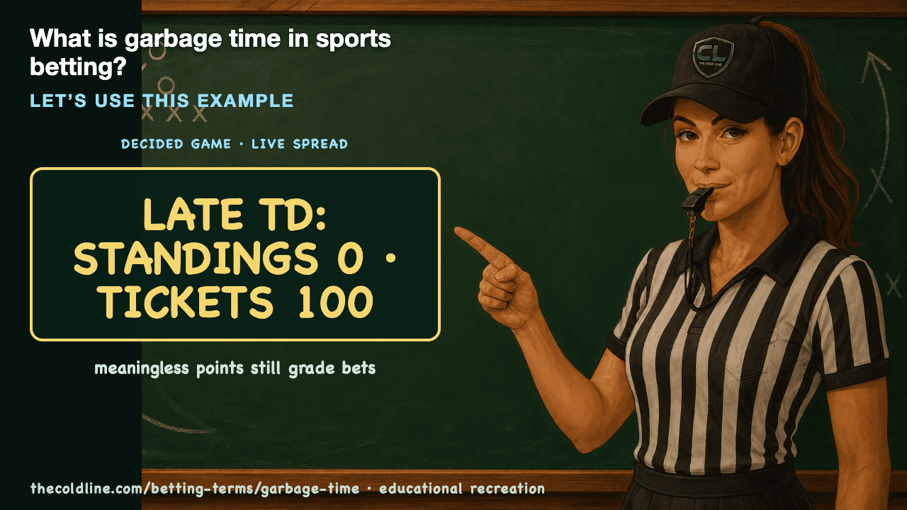 Chalkboard lesson explaining Garbage Time with a worked Garbage Time example.