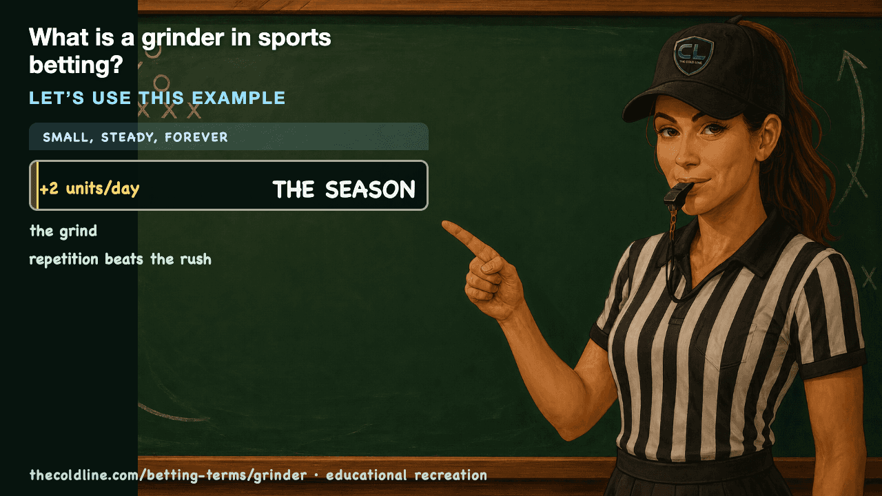 Chalkboard lesson explaining Grinder with a worked Grinder example.