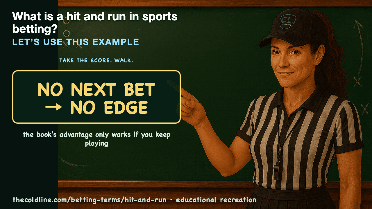 Chalkboard lesson explaining Hit and Run with a worked Hit and Run example.