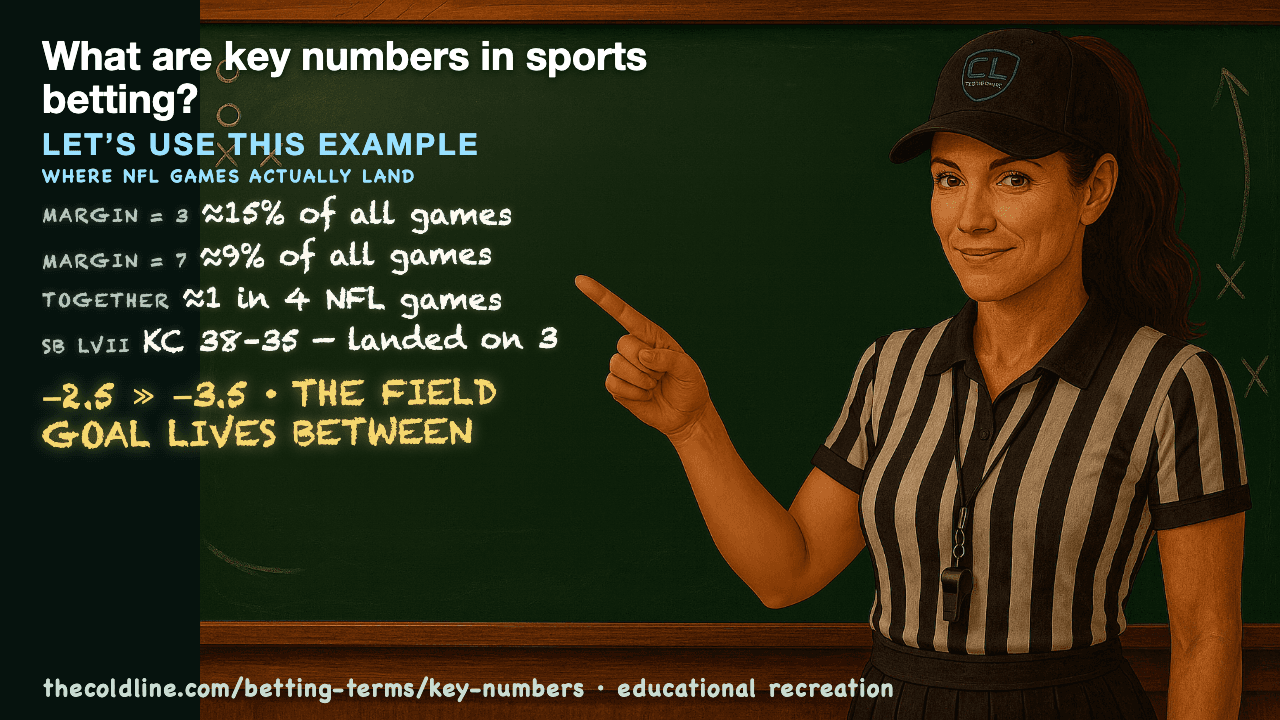 Chalkboard lesson explaining Key Numbers with a worked Key Numbers example.
