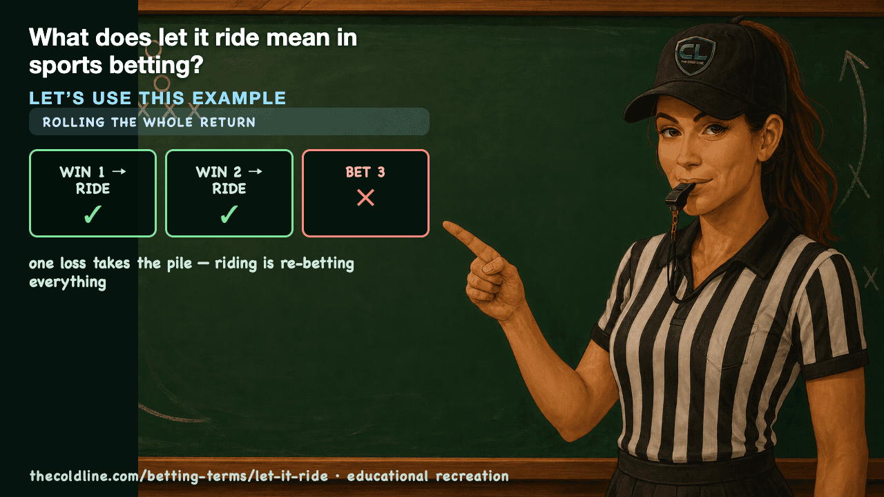 Chalkboard lesson explaining Let It Ride with a worked Let It Ride example.