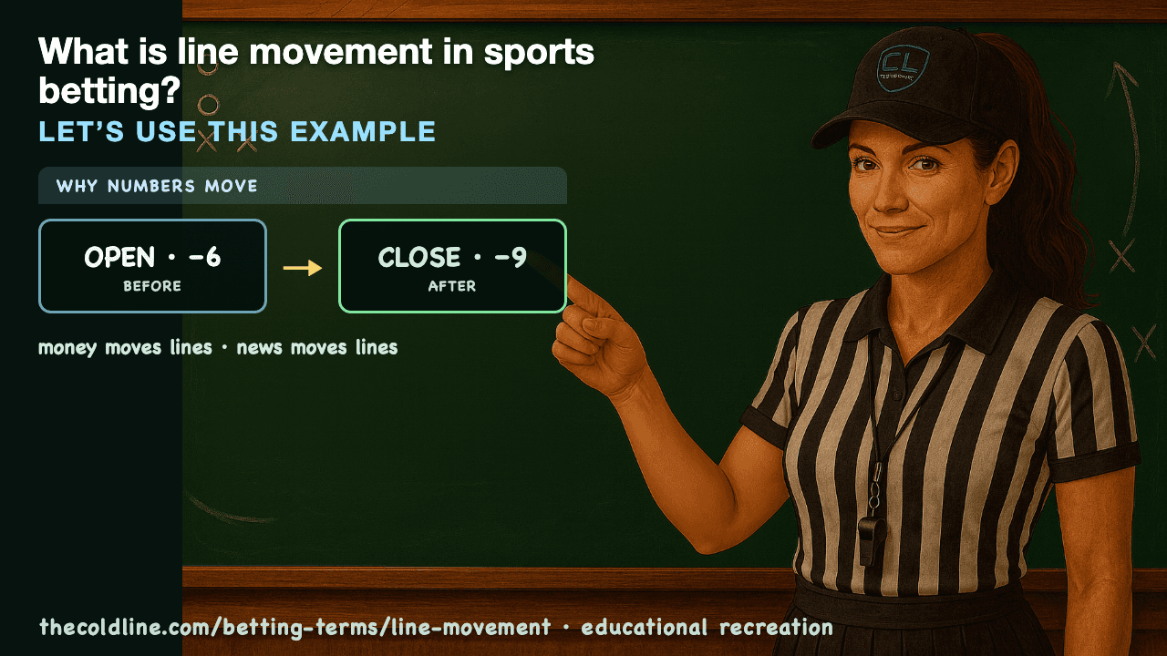 Chalkboard lesson explaining Line Movement with a worked Line Movement example.