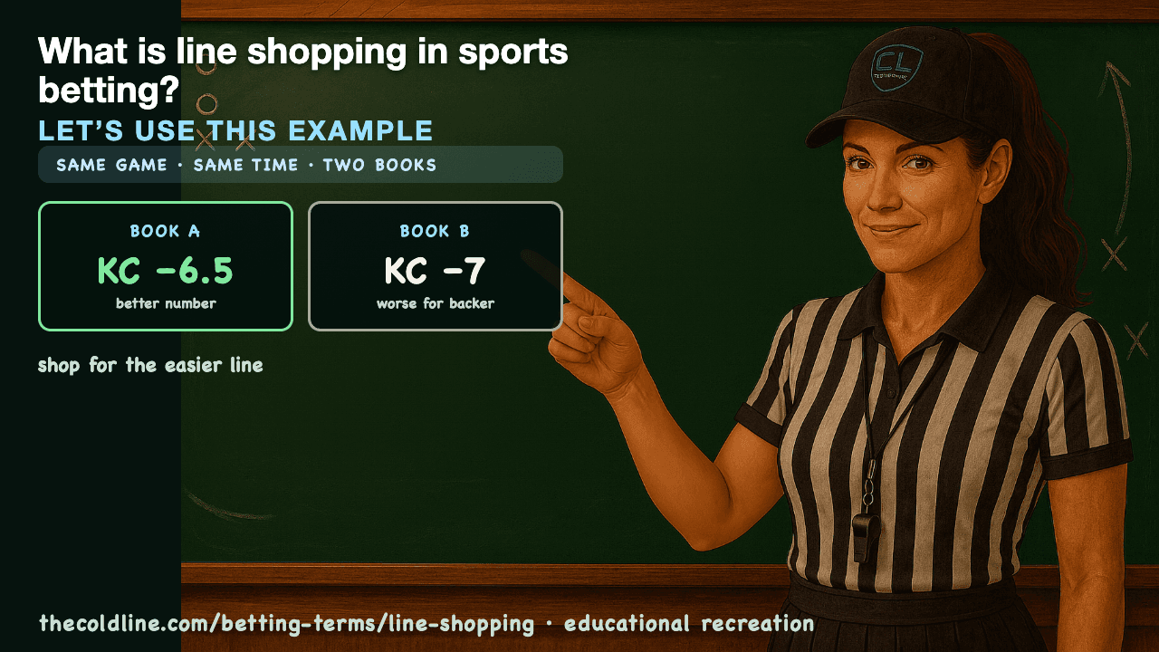 Chalkboard lesson explaining Line Shopping with a worked Line Shopping example.