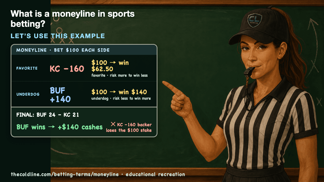 Chalkboard lesson explaining Moneyline with a worked Moneyline example.
