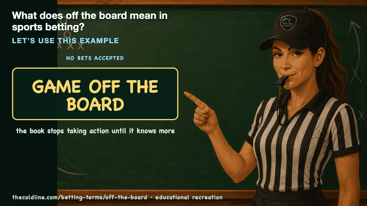 Chalkboard lesson explaining Off the Board with a worked Off the Board example.