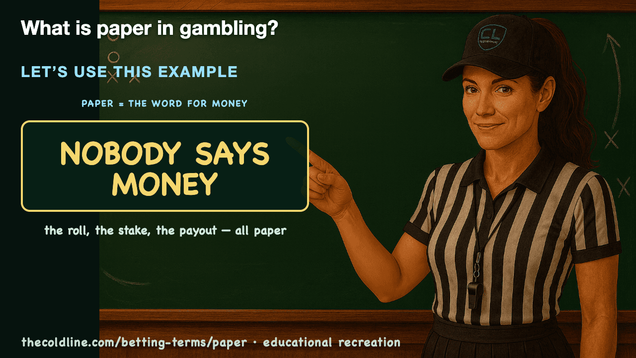 Chalkboard lesson explaining Paper with a worked Paper example.