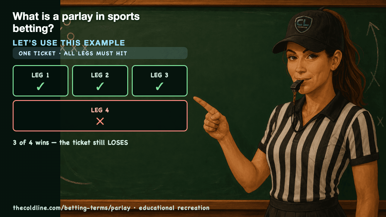 Chalkboard lesson explaining Parlay with a worked Parlay example.