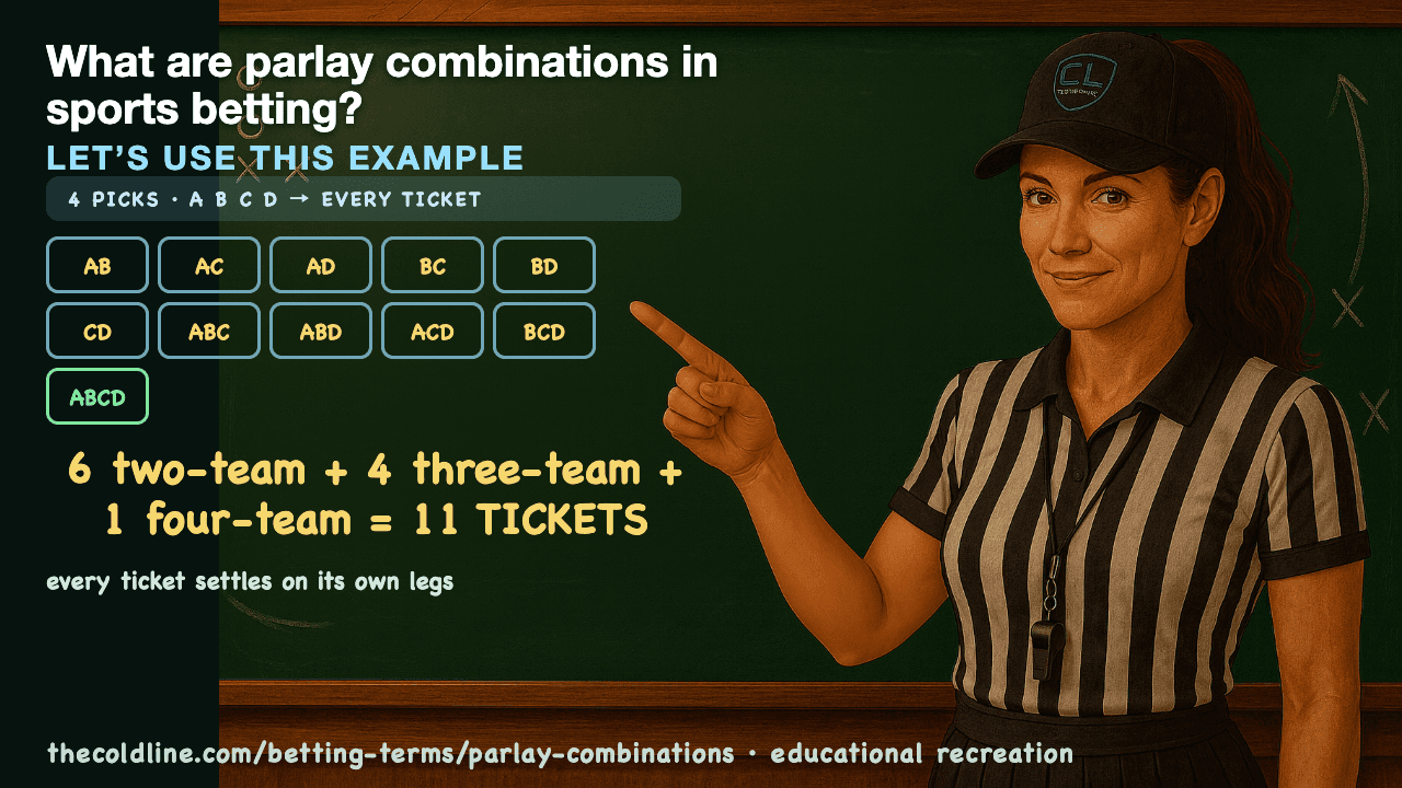 Chalkboard lesson explaining Parlay Combinations with a worked Parlay Combinations example.