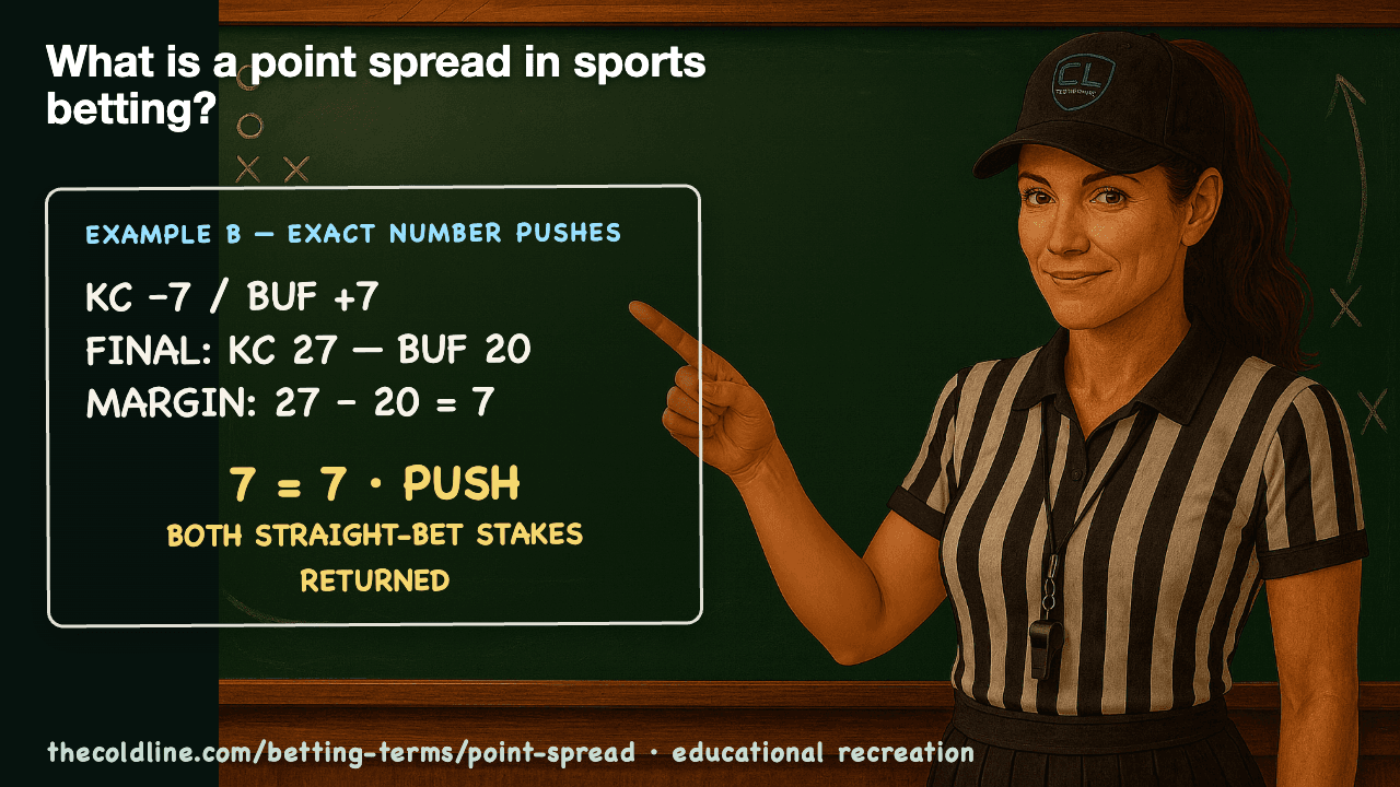 Chalkboard lesson explaining Point Spread with a worked Point Spread example.