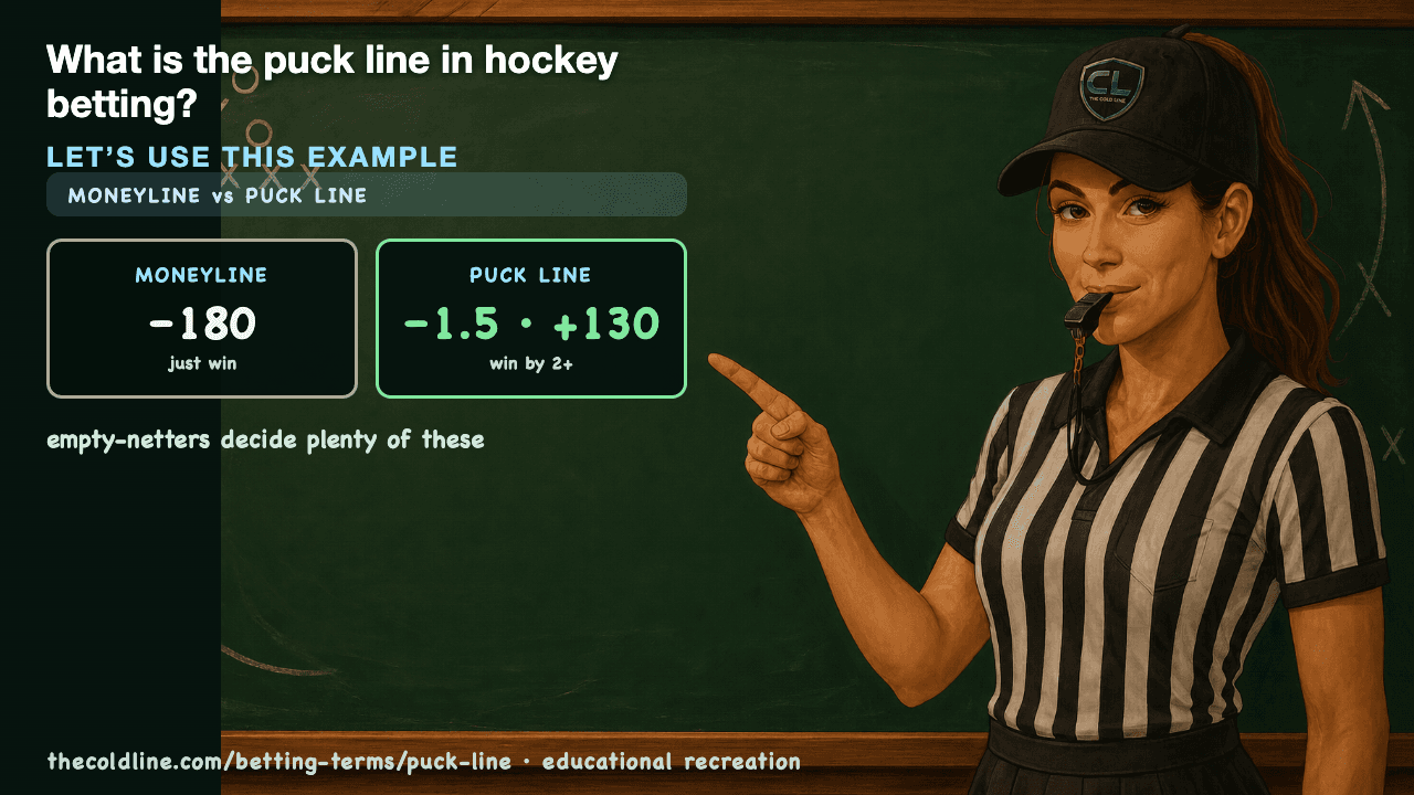 Chalkboard lesson explaining Puck Line with a worked Puck Line example.