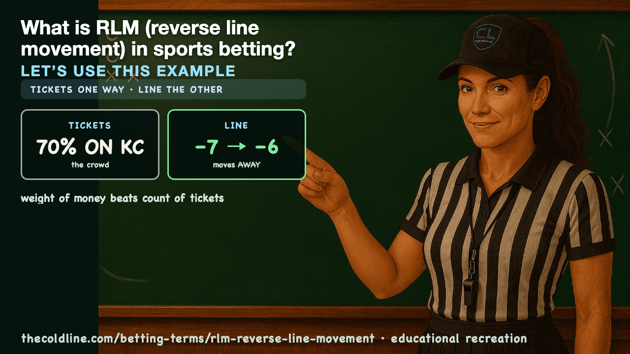 Chalkboard lesson explaining RLM (Reverse Line Movement) with a worked RLM (Reverse Line Movement) example.