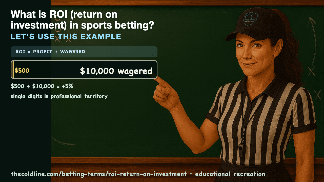 Chalkboard lesson explaining ROI (Return on Investment) with a worked ROI (Return on Investment) example.