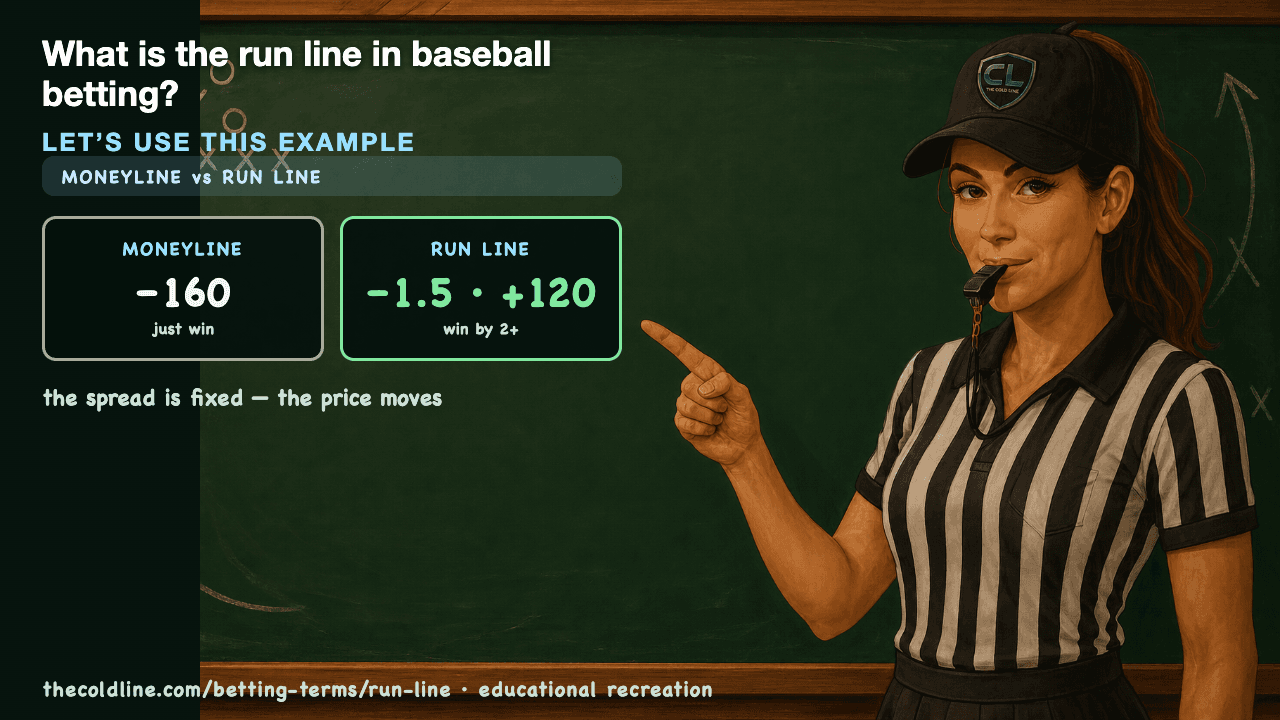 Chalkboard lesson explaining Run Line with a worked Run Line example.