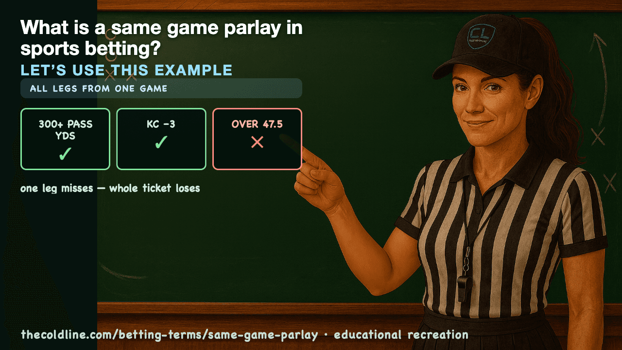 Chalkboard lesson explaining Same Game Parlay with a worked Same Game Parlay example.