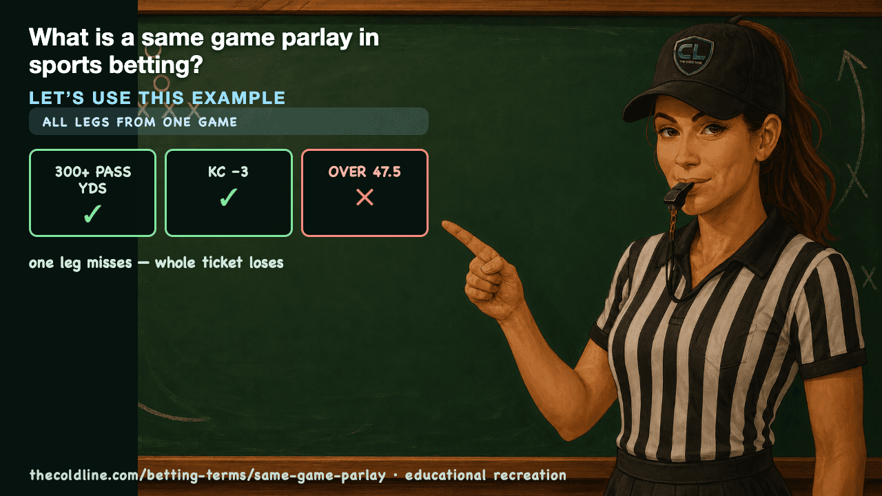 Chalkboard lesson explaining Same Game Parlay with a worked Same Game Parlay example.