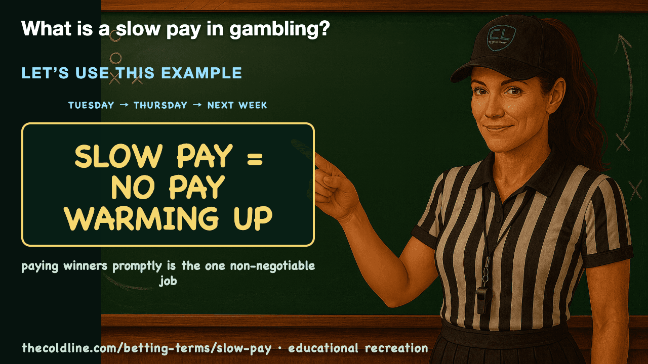 Chalkboard lesson explaining Slow Pay with a worked Slow Pay example.