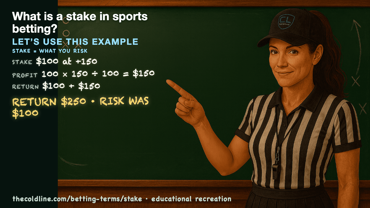 Chalkboard lesson explaining Stake with a worked Stake example.