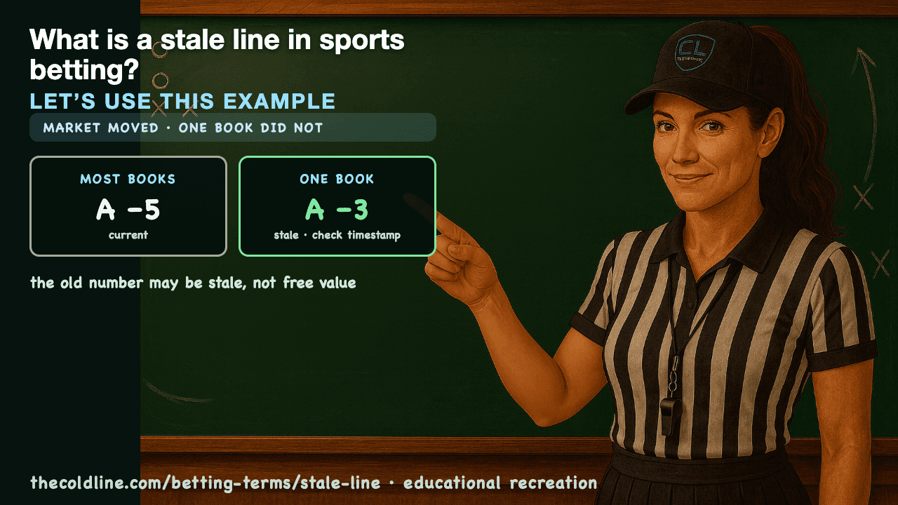 Chalkboard lesson explaining Stale Line with a worked Stale Line example.