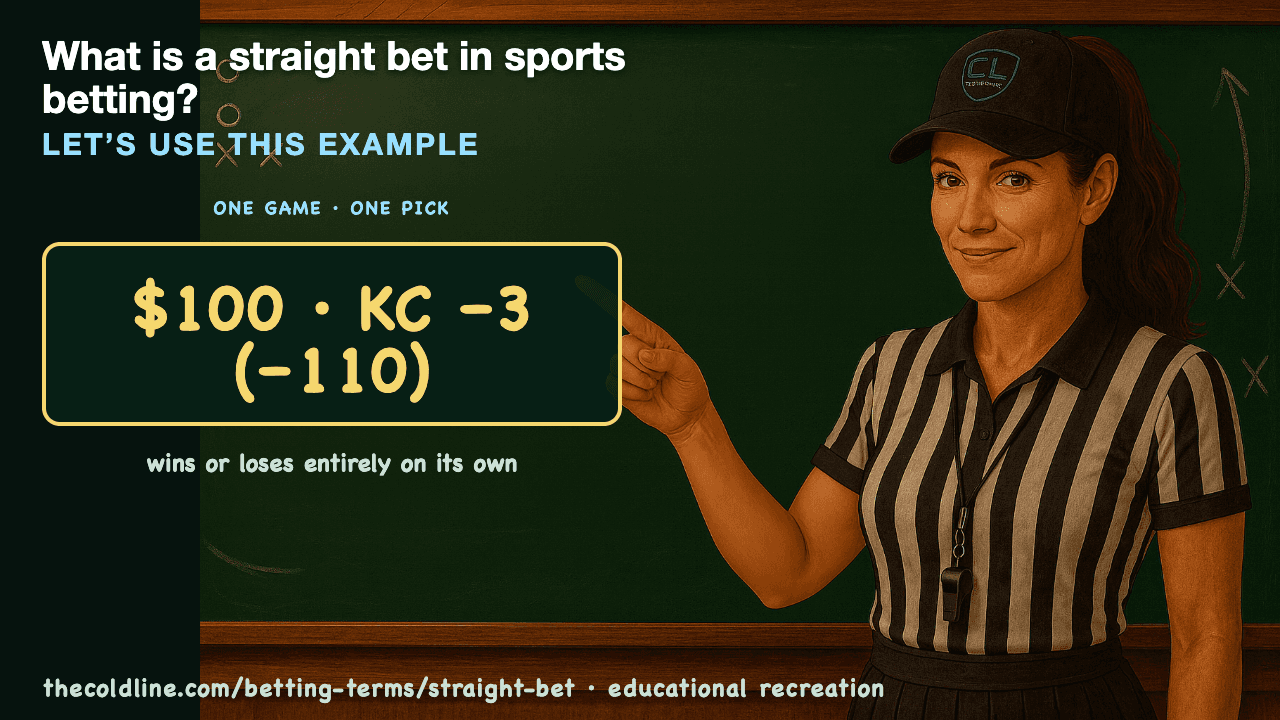 Chalkboard lesson explaining Straight Bet with a worked Straight Bet example.
