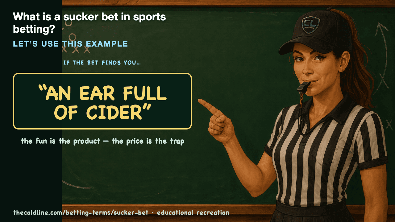 Chalkboard lesson explaining Sucker Bet with a worked Sucker Bet example.