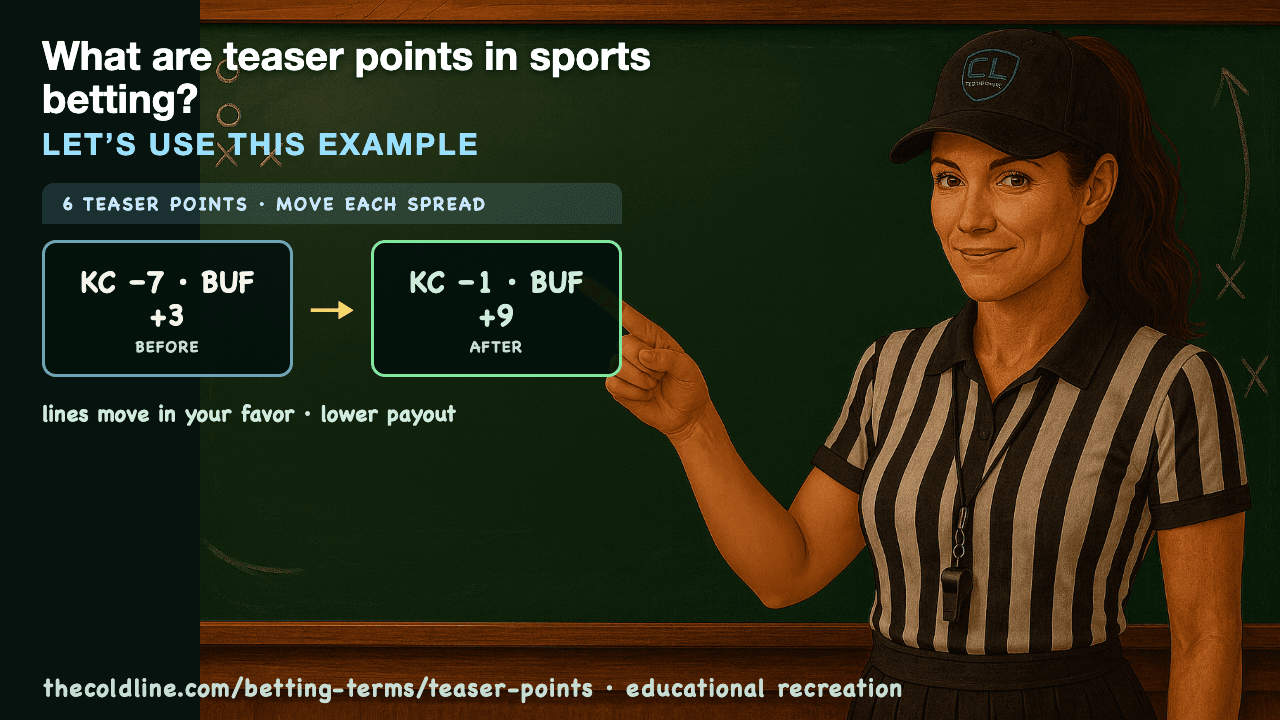 Chalkboard lesson explaining Teaser Points with a worked Teaser Points example.