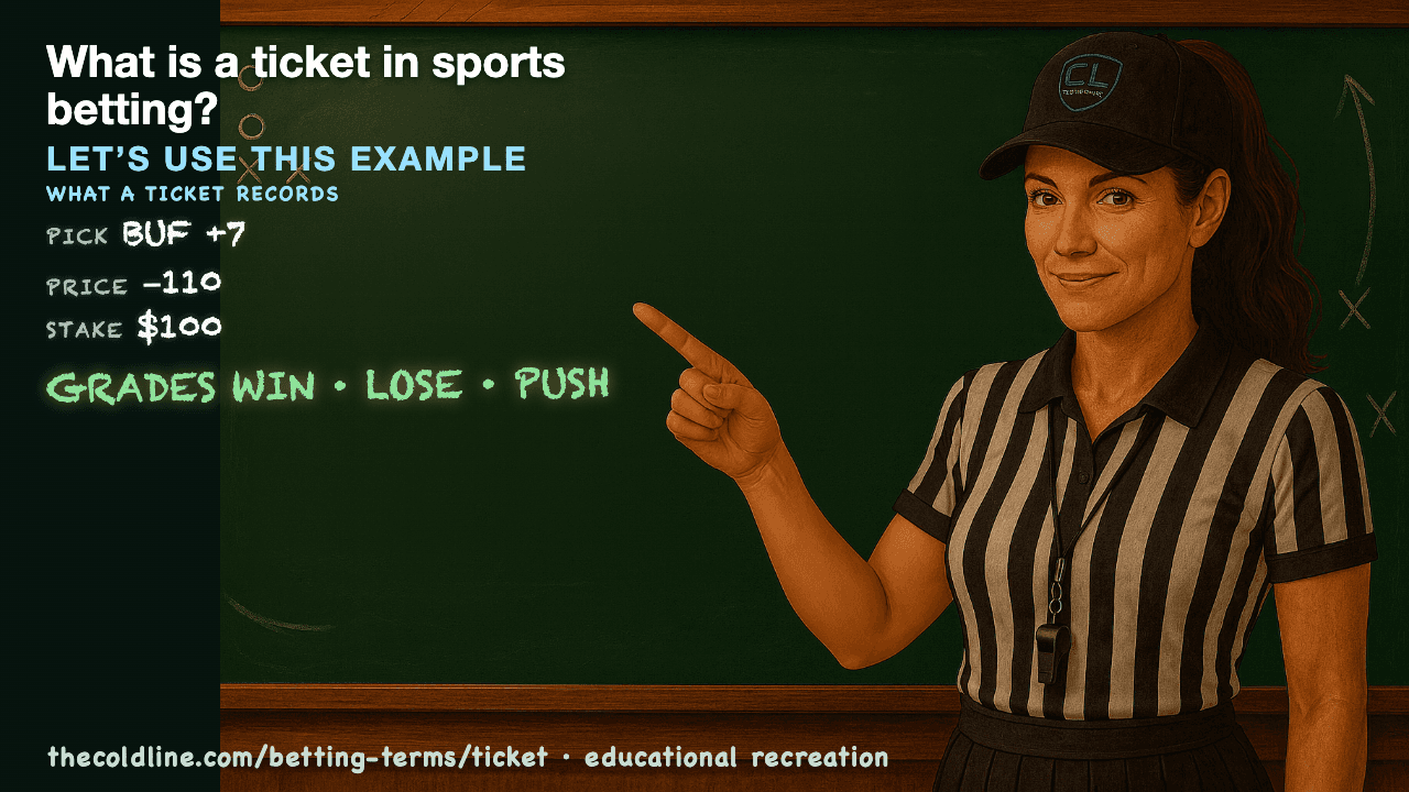 Chalkboard lesson explaining Ticket with a worked Ticket example.
