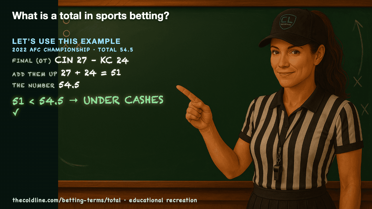 Chalkboard lesson explaining Total with a worked Total example.