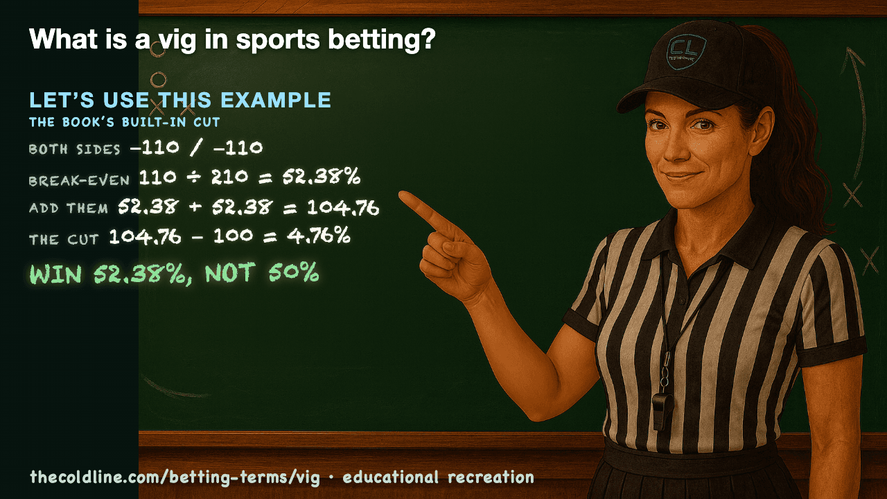 Chalkboard lesson explaining Vig with a worked Vig example.
