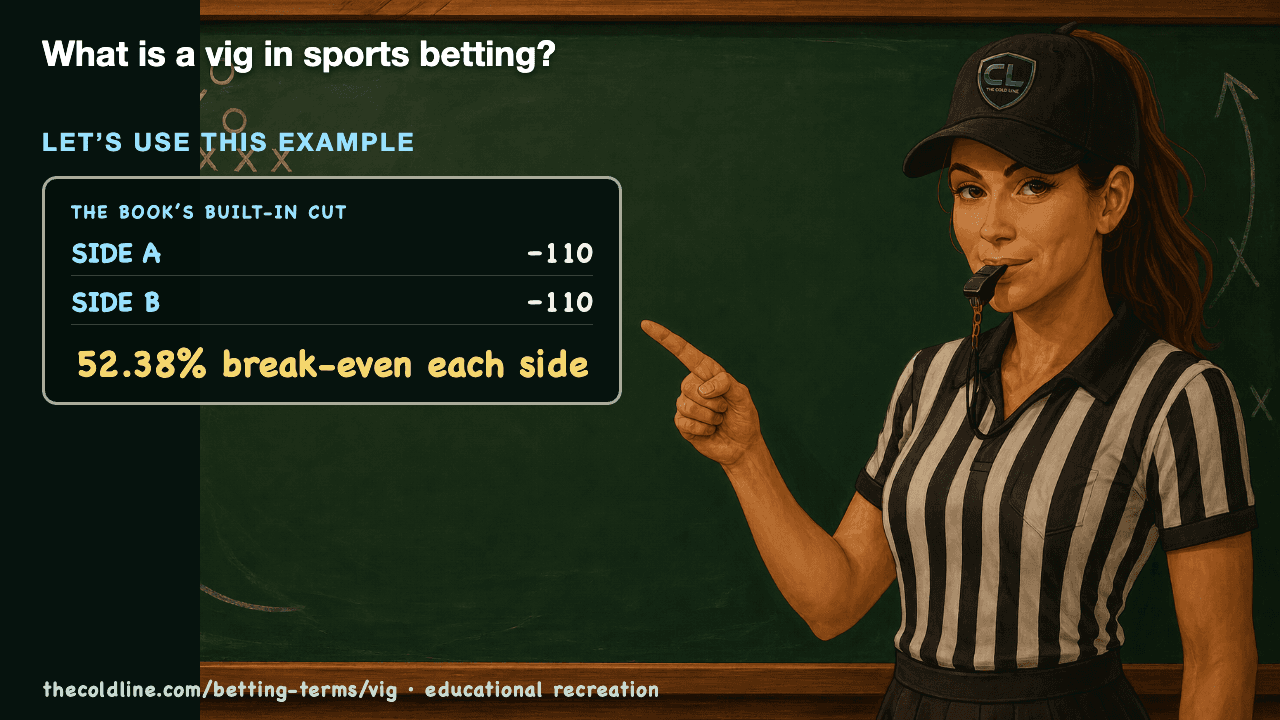 Chalkboard lesson explaining Vig with a worked Vig example.