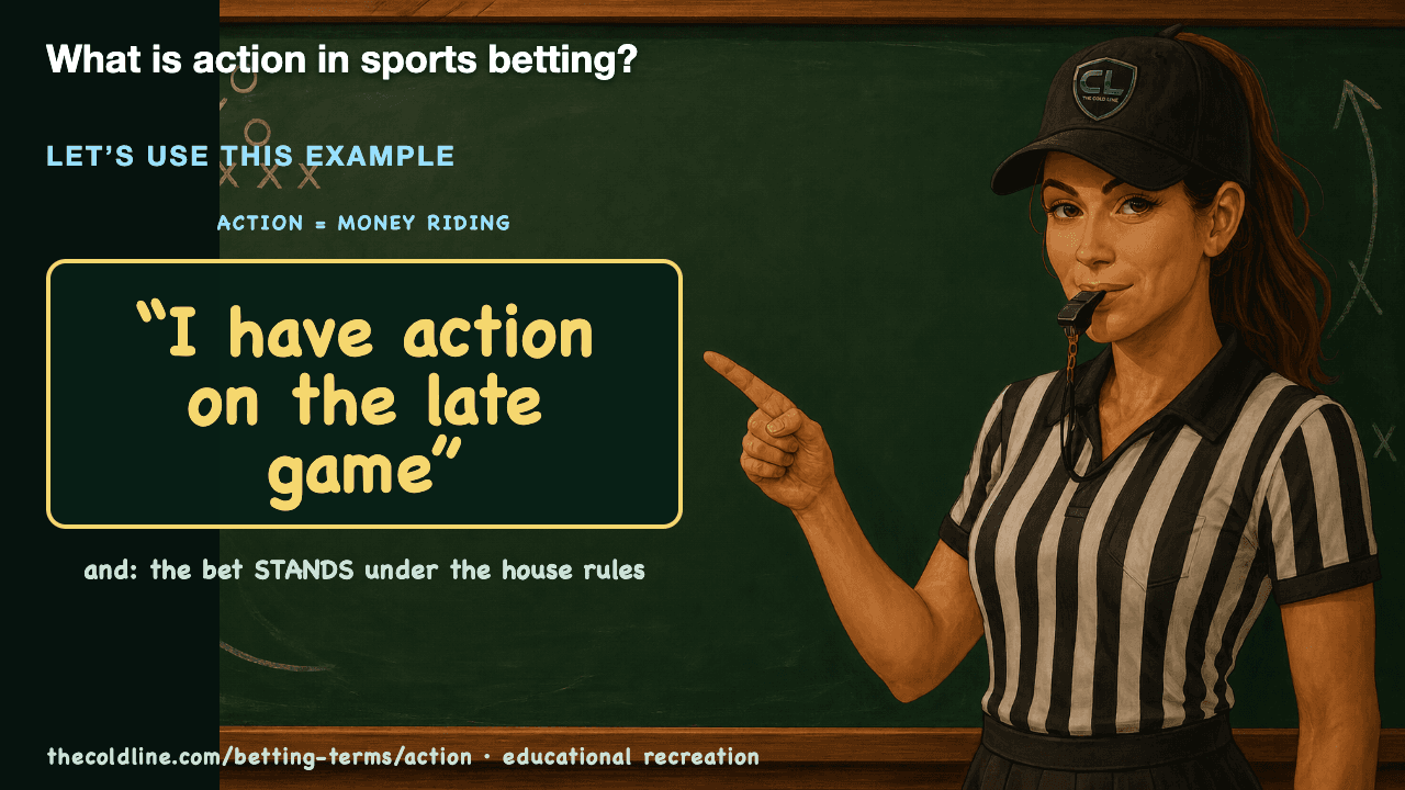 Chalkboard lesson explaining Action with a worked Action example.