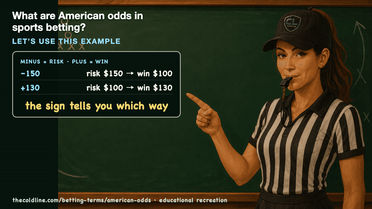 Chalkboard lesson explaining American Odds with a worked American Odds example.