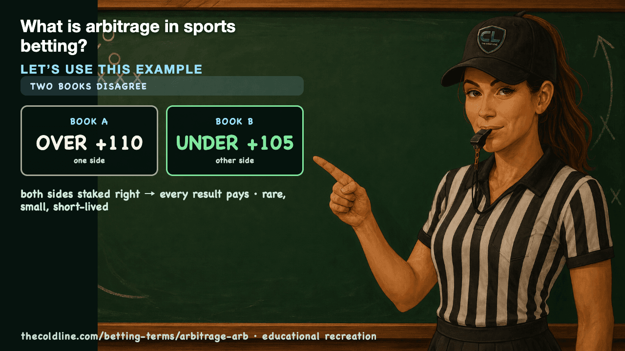 Chalkboard lesson explaining Arbitrage / Arb with a worked Arbitrage / Arb example.