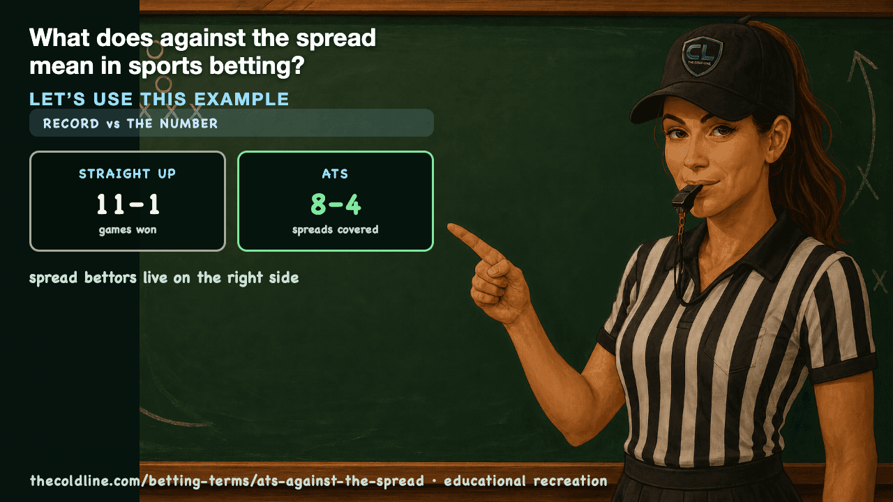 Chalkboard lesson explaining ATS (Against The Spread) with a worked ATS (Against The Spread) example.