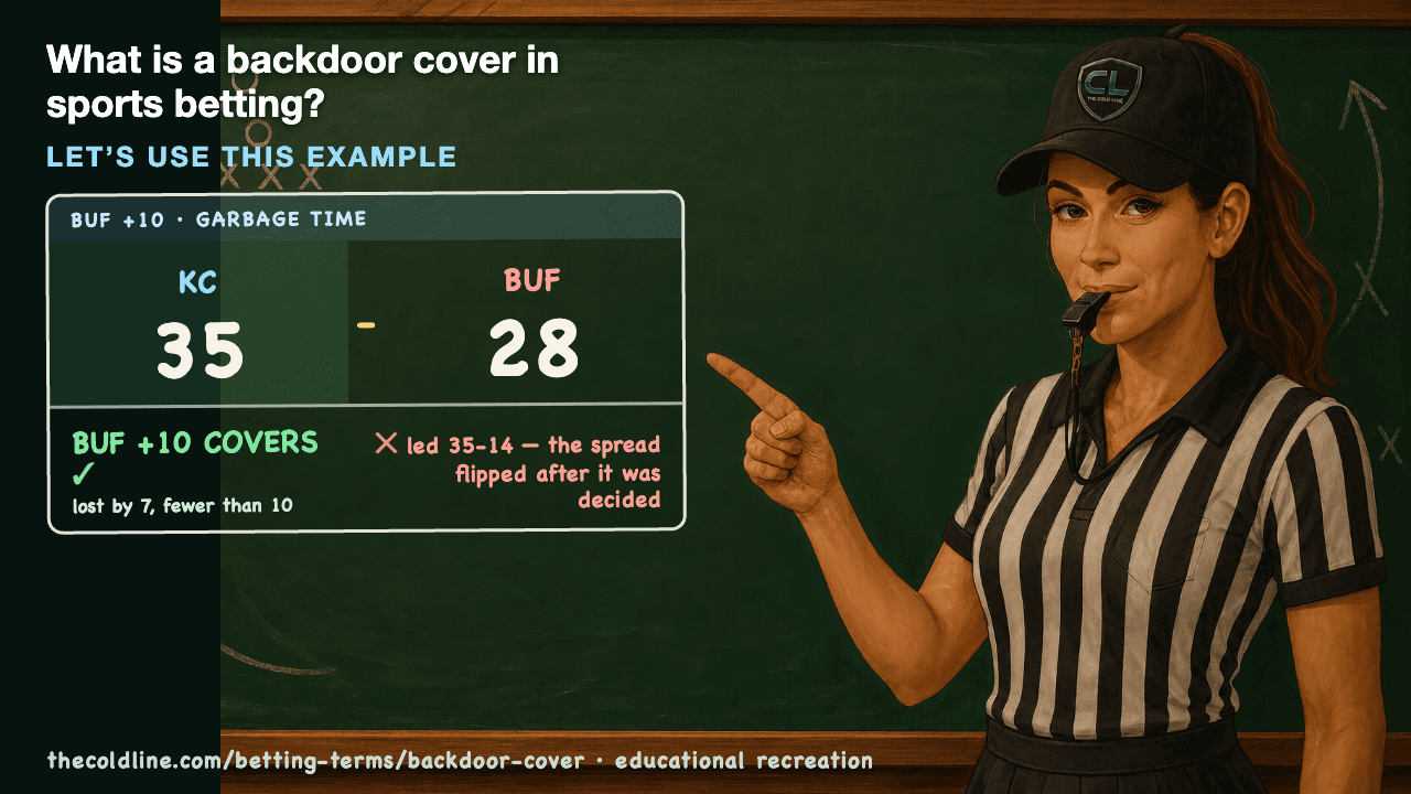 Chalkboard lesson explaining Backdoor Cover with a worked Backdoor Cover example.