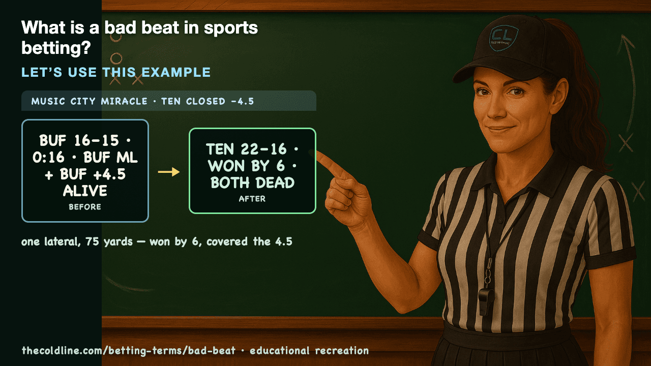 Chalkboard lesson explaining Bad Beat with a worked Bad Beat example.