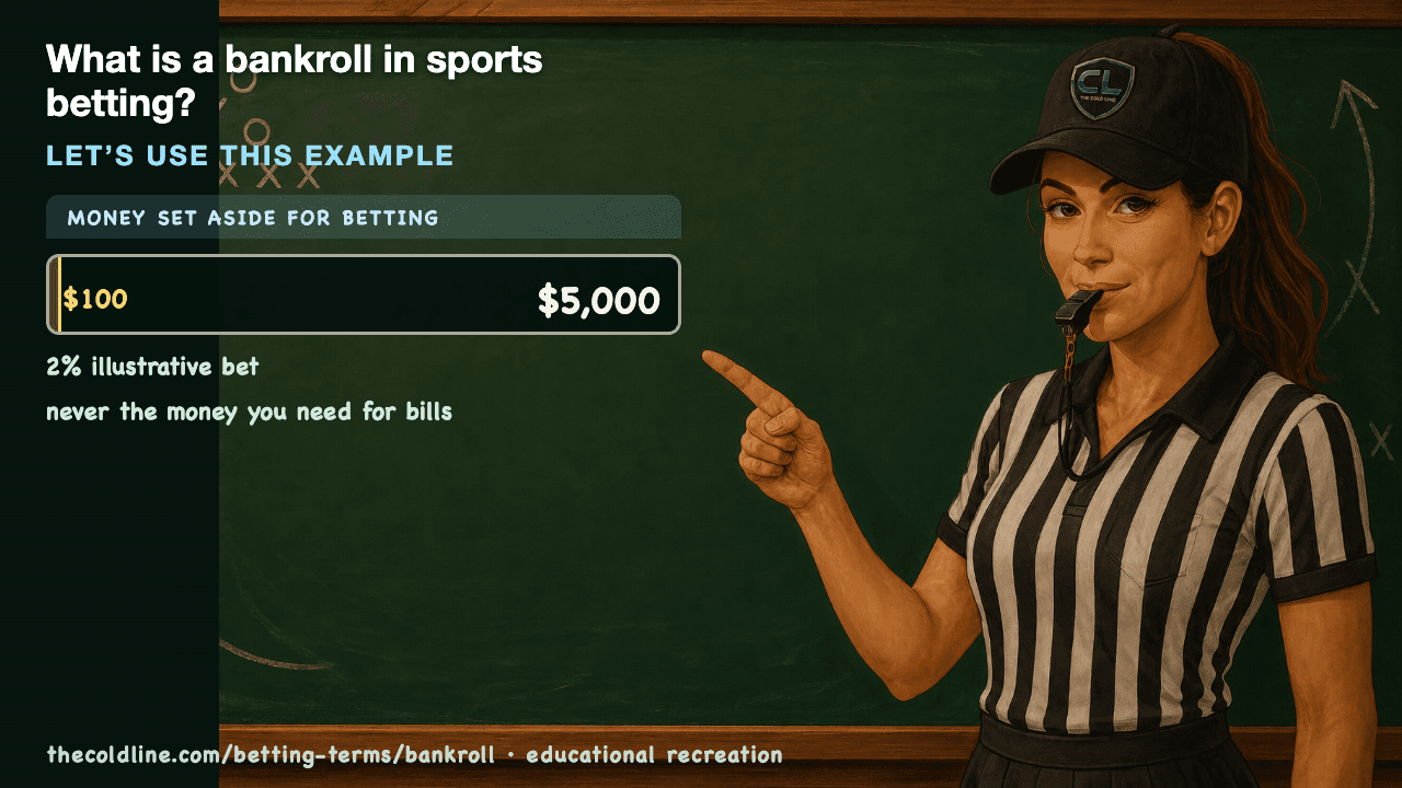 Chalkboard lesson explaining Bankroll with a worked Bankroll example.