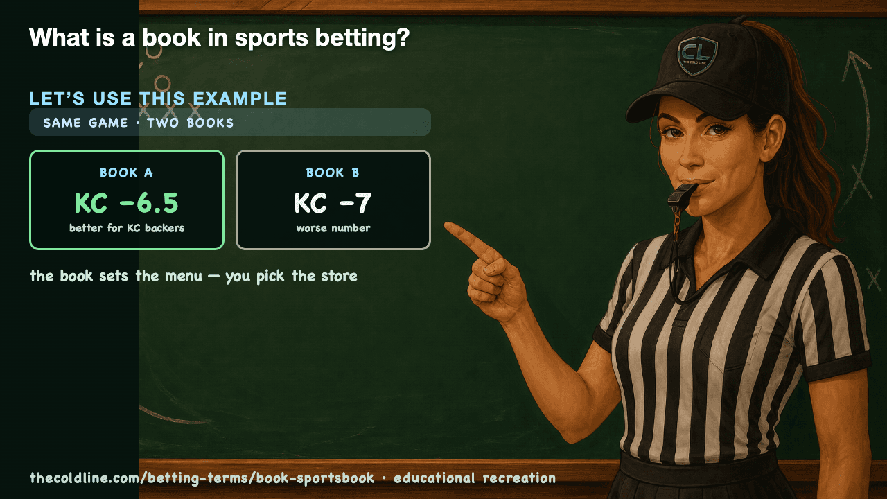 Chalkboard lesson explaining Book / Sportsbook with a worked Book / Sportsbook example.