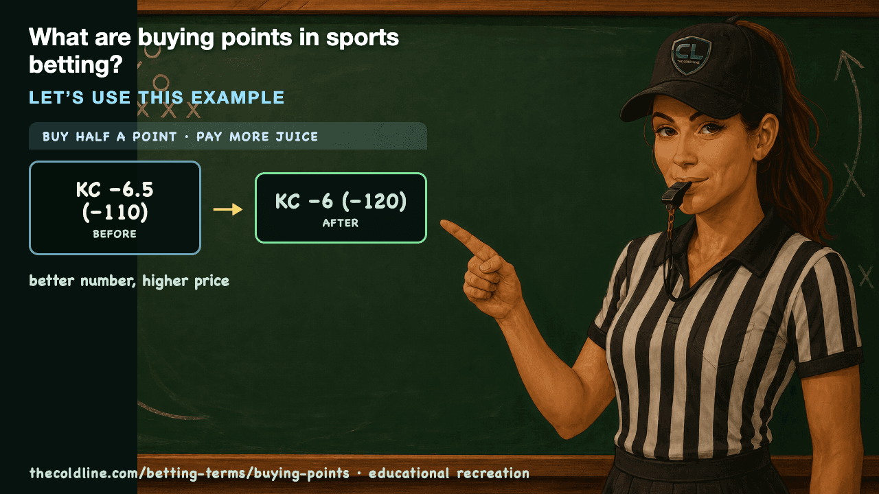 Chalkboard lesson explaining Buying Points with a worked Buying Points example.