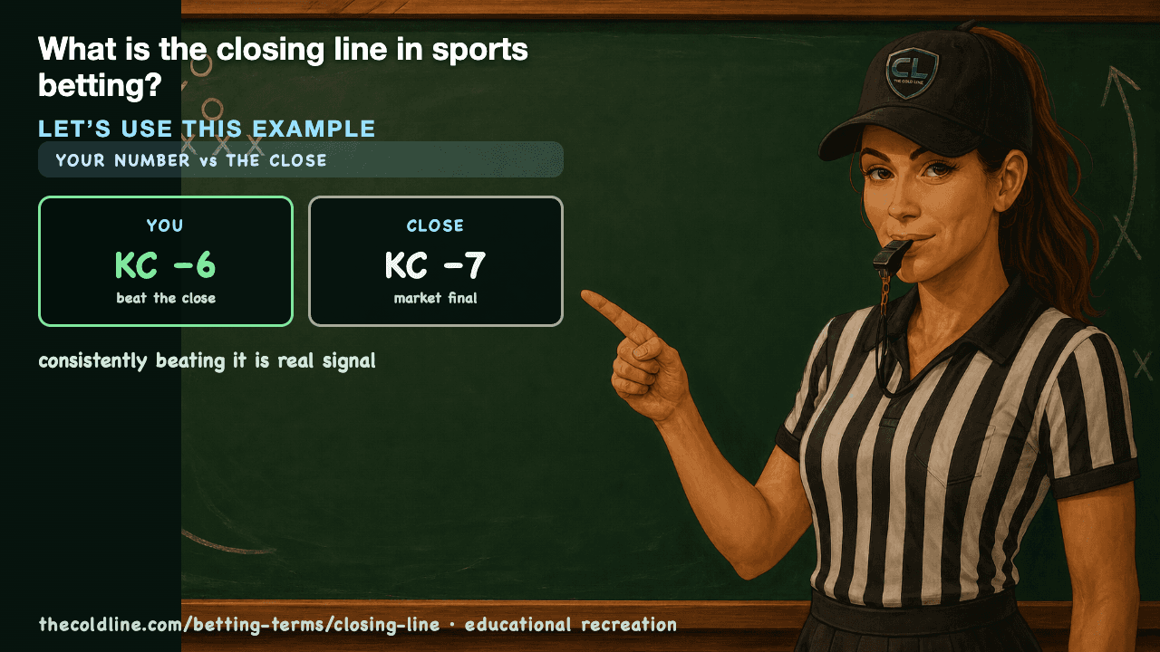 Chalkboard lesson explaining Closing Line with a worked Closing Line example.