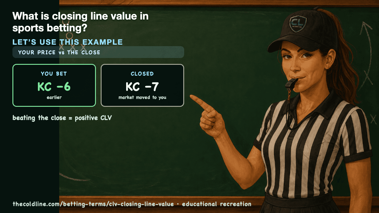 Chalkboard lesson explaining CLV (Closing Line Value) with a worked CLV (Closing Line Value) example.